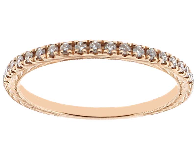 Single Row Triple Side Band with Engraved Design, Beaded Milgrain, and Diamonds Set in 14k Rose Gold