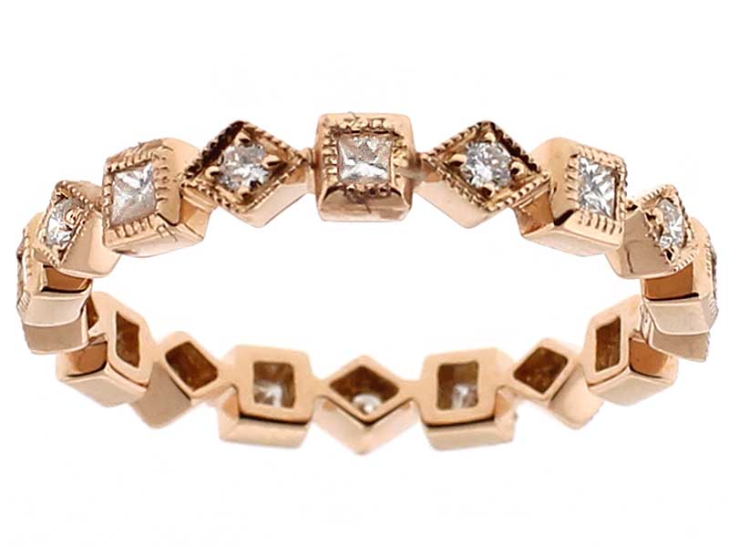 Eternity Band with Round and Princess Cut Diamonds Bordered by Beaded Milgrain in 18k Rose Gold
