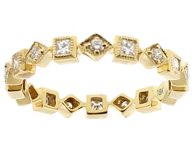 Eternity Band with Round and Princess Cut Diamonds Bordered by Beaded Milgrain in 18k Yellow Gold