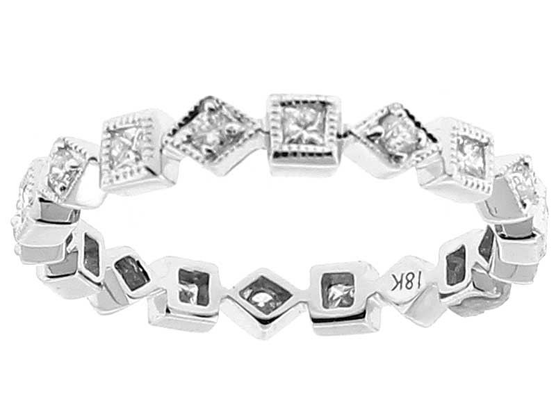 Eternity Band with Round and Princess Cut Diamonds Bordered by Beaded Milgrain in 18k White Gold