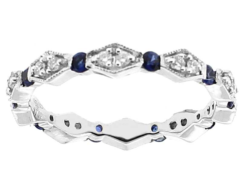 Channel Set Sapphire Eternity Band with Diamonds Bordered by Beaded Milgrain in 18k White Gold