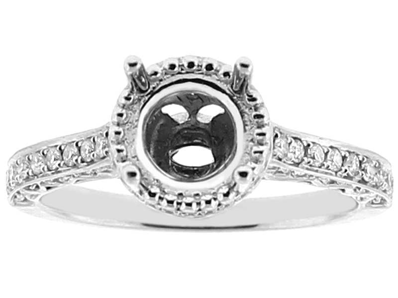 Semi Mount Engagement Ring with Round Halo and Preset Diamonds in 18k White Gold