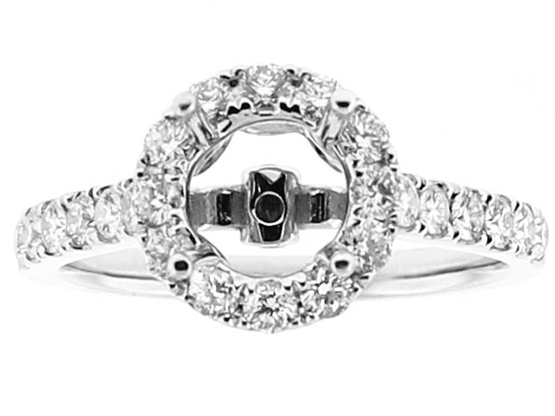 Semi Mount Round Halo Engagement Ring with Filigree Detail and Diamonds Set in 18k White Gold