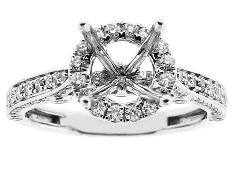 Semi-Mount Round Halo Engagement Ring with Filigree Design and Graduating Diamonds on Shank in 18k White Gold