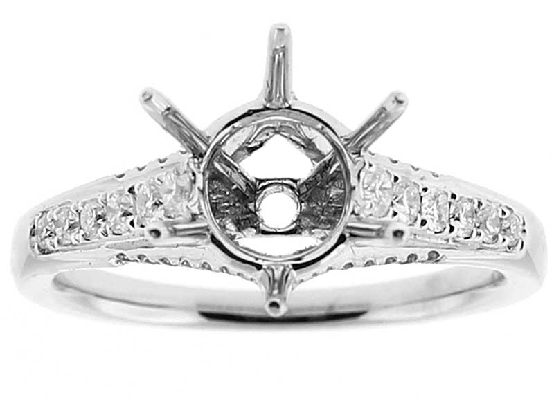 Semi Mount 6 Prong Engagement Ring with Graduating Diamonds on Shank in 18k White Gold