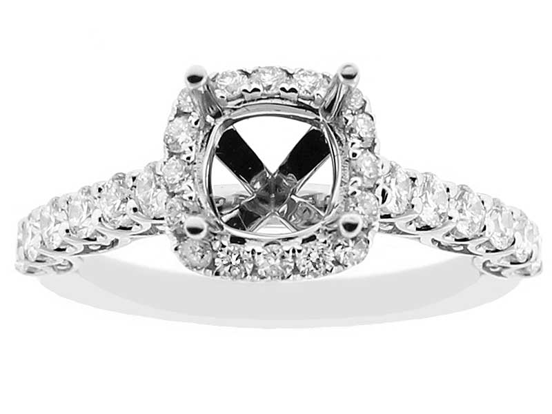 Square Halo Semi-Mount U Prong Engagement Ring with Diamonds Set in 18k White Gold