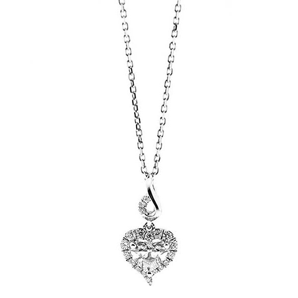 Heart Pendant with Heart Shaped Diamond Surrounded by Halo of Round Diamonds in 18k White Gold