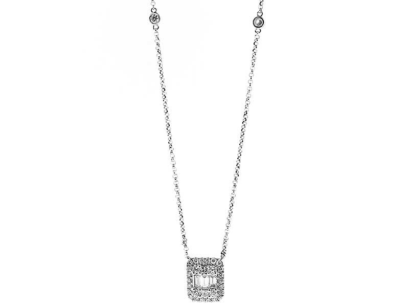 Diamond Necklace with Baguette, Round, and Princess Cut Diamonds Set in 18k White Gold