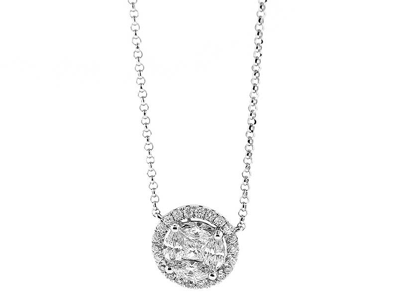 Halo Style Round Necklace with Marquise, Round and Princess Cut Diamonds Set in 18k White Gold