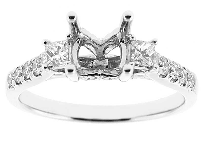 4 Prong Semi-Mount Engagement Ring with Princess Cut and Round Diamonds Set in 18k White Gold