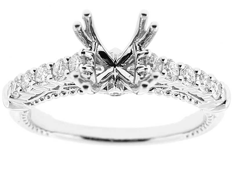Semi-Mount Filigree Design Engagement Ring with Diamonds and Beaded Milgrain in 18k White Gold