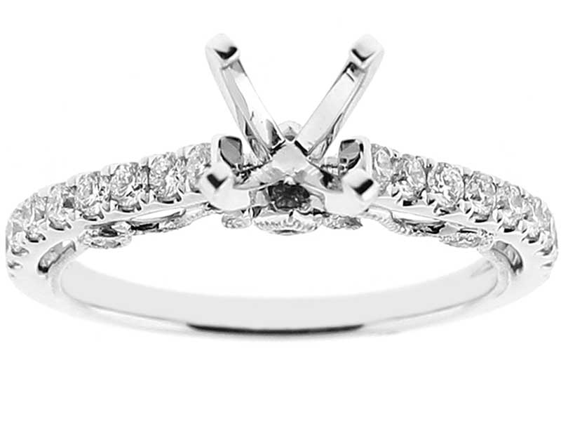 Semi-Mount Filigree Milgrain Engraved Engagement Ring with Diamonds Set in 18k White Gold