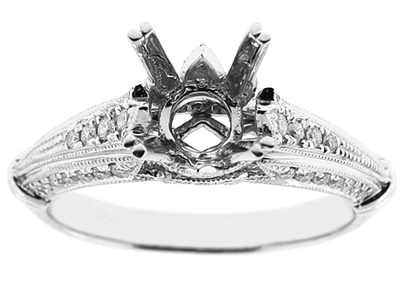 Semi-Mount Knife-Edge Diamond Engagement Ring with Beaded Milgrain and Engraved Shank in 18k White Gold