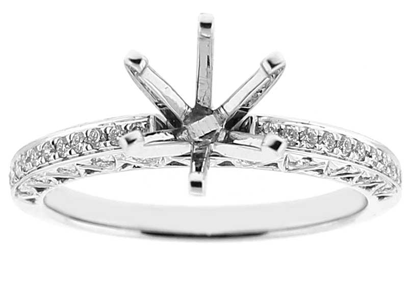 Semi-Mount 6 Prong Triple-Side Engagement Ring with Preset Diamonds in 18k White Gold