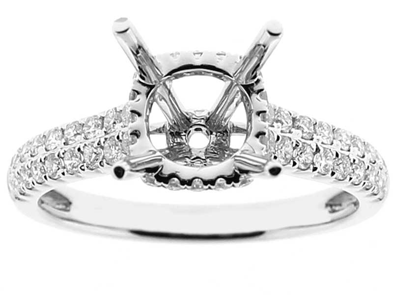 Semi-Mount 4 Prong Engagement Ring with Double Row of Diamonds in 18k White Gold