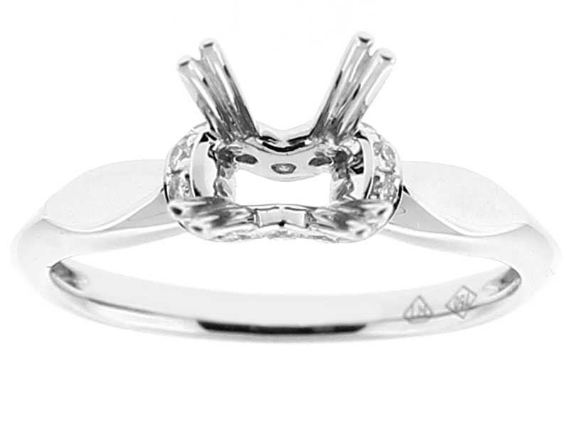 Semi-Mount Solitaire Style Engagement Ring with Bridge of Preset Diamonds in 18k White Gold