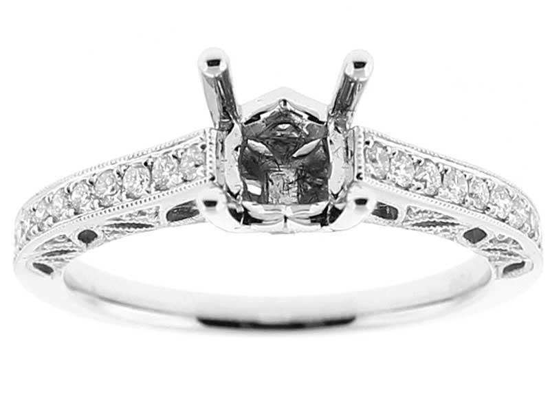 Semi-Mount Triple Side Openwork Engagement Ring with Preset Diamonds Bordered by Beaded Milgrain in 18k White Gold