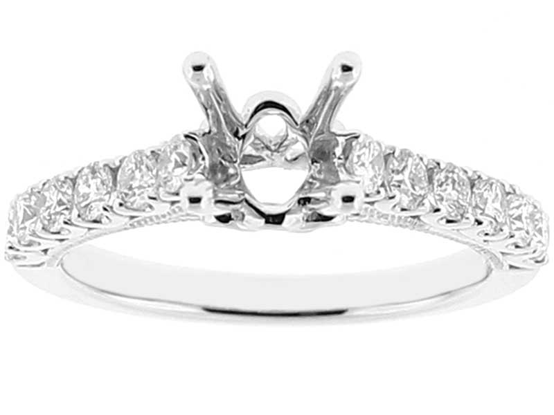 Semi Mount Milgrain Engraved Engagement Ring with U Prong Set Diamonds in 18k White Gold