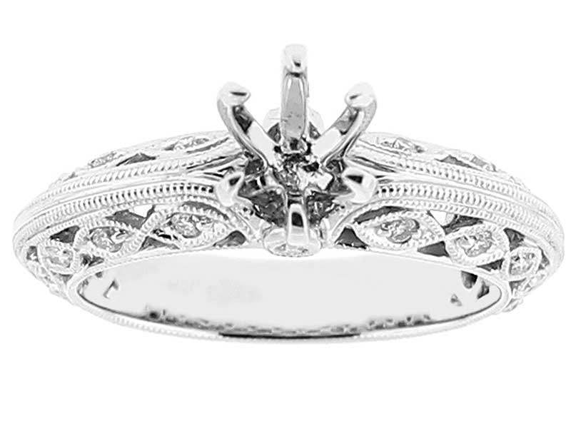 Semi Mount Knife Edge Engagement Ring with Twist Design of Beaded Milgrain and Preset Diamonds in 18k White Gold