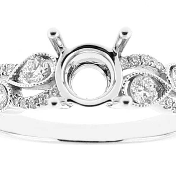 Semi Mount Engagement Ring with Pear Designs of Beaded Milgrain Surrounding Round Diamonds in 18k White Gold