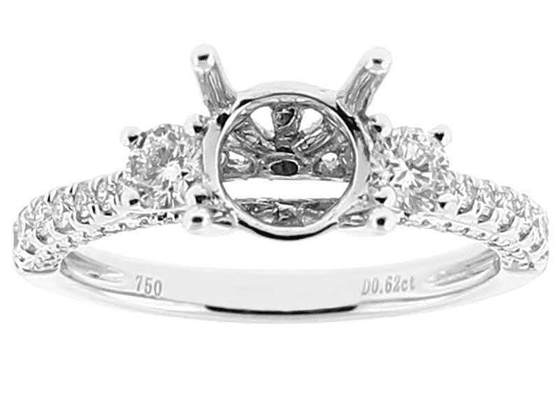 Semi Mount Two Side Stone Style Engagement Ring with Triple Side of Diamonds Set in 18k White Gold