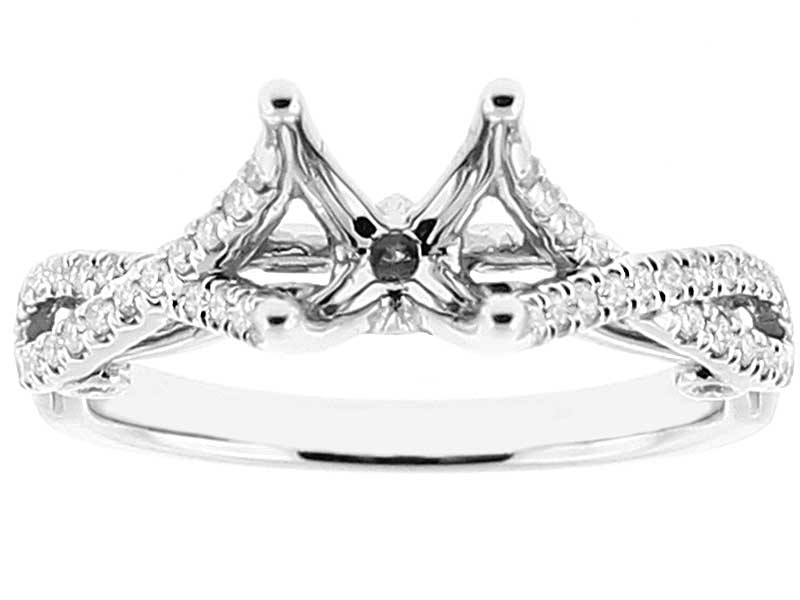 Semi Mount Twist Shank Ring with Scrollwork Design and Diamonds Set in 18k White Gold