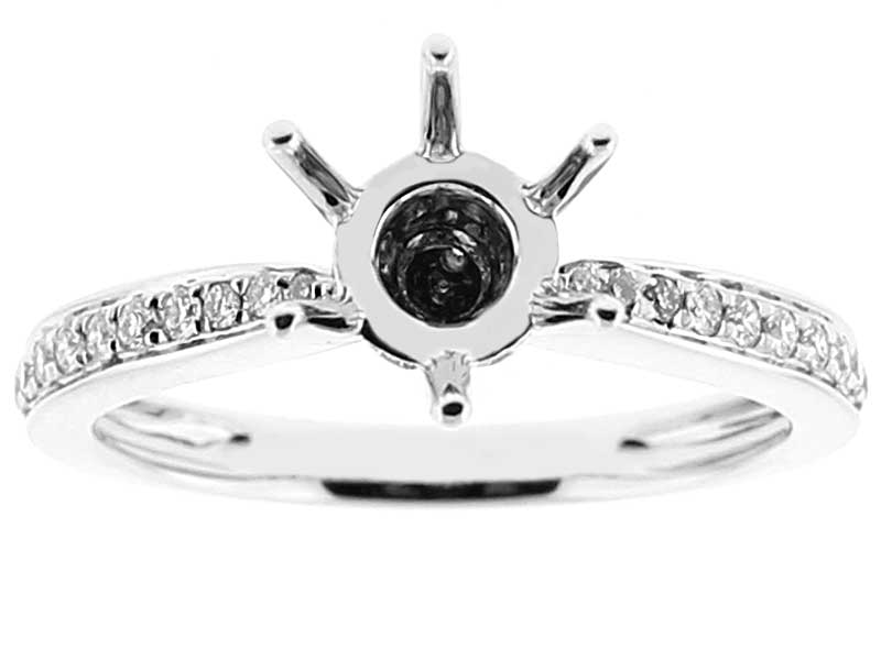 Semi Mount 6 Prong Engagement Ring with Diamond Encrusted Bridge and Diamond Accent Stones in 18k White Gold