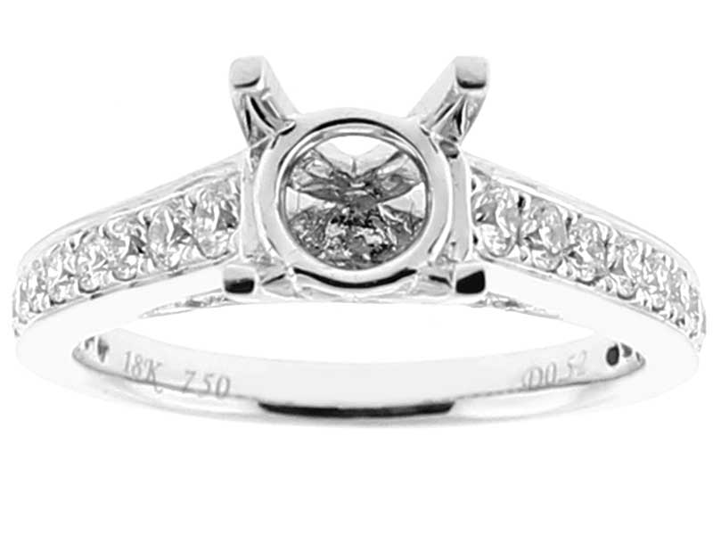 Semi Mount 4 Prong Engagement Ring with Diamond Bridge and Diamond Accent Stones in 18k White Gold