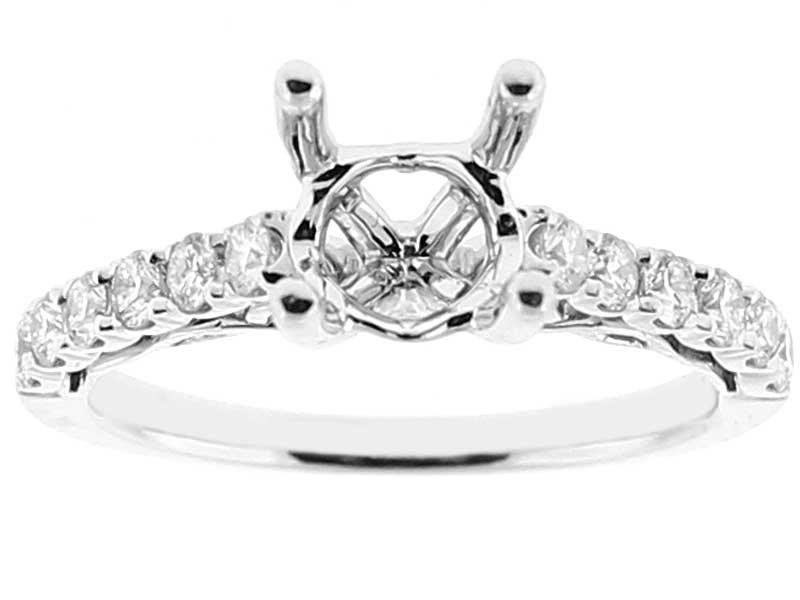 Semi Mount 4 Prong Engagement Ring with Scrollwork Design and Diamonds Set in 18k White Gold