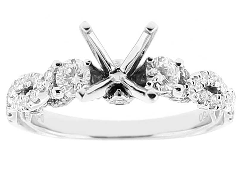 Semi Mount 4 Prong Triple Side Engagement Ring with Scrollwork and Twist Design of Diamonds in 18k White Gold