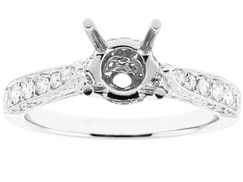 Semi Mount Triple Side Engagement Ring with Beaded Milgrain Engraving and Diamonds Set in 18k White Gold
