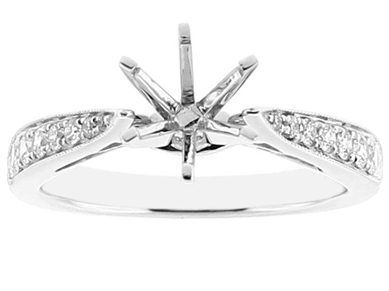 Semi Mount 6 Prong Filigree Engagement Ring with Graduating Diamonds and Beaded Milgrain in 18k White Gold