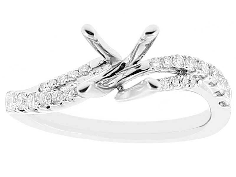 Semi Mount 4 Prong Wavy Crossover Ring with Twist Design of Diamonds in 18k White Gold