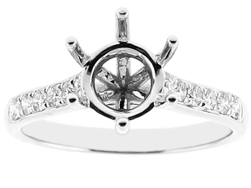 Semi Mount 6 Prong Engagement Ring with Preset Diamonds in 18k White Gold