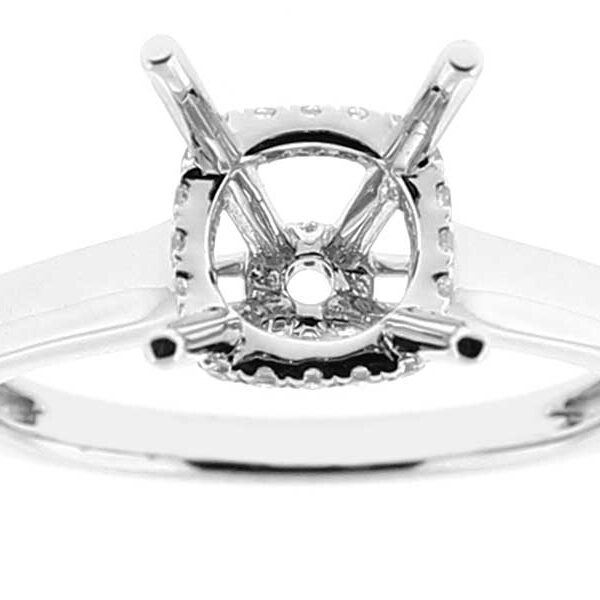 Solitaire Style Semi Mount 4 Prong Engagement Ring in 18k White Gold with Diamonds on Gallery and Bridge