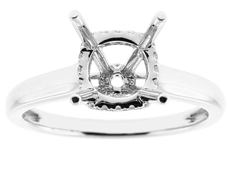 Solitaire Style Semi Mount 4 Prong Engagement Ring in 18k White Gold with Diamonds on Gallery and Bridge