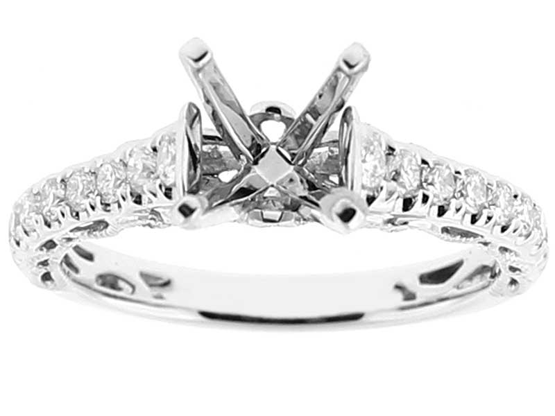 Semi Mount Engagement Ring with Beaded Milgrain Filigree and Diamonds in 18k White Gold