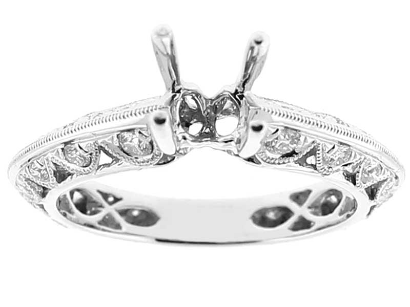 Semi Mount Knife Edge Engagement Ring with Beaded Milgrain Engraving and Diamonds Set in 18k White Gold