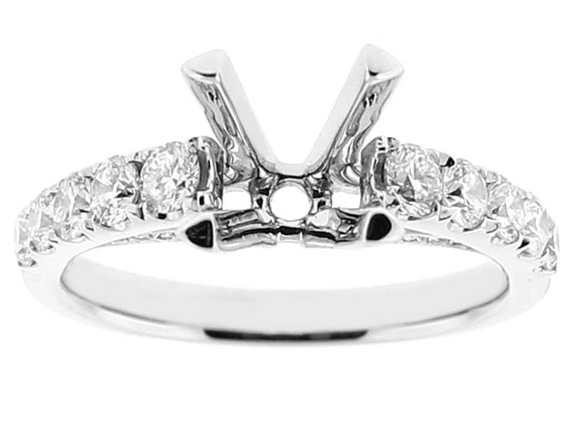 Semi Mount Triple Side Engagement Ring in 18k White Gold with Diamonds on Prong, Bridge, and Shoulder