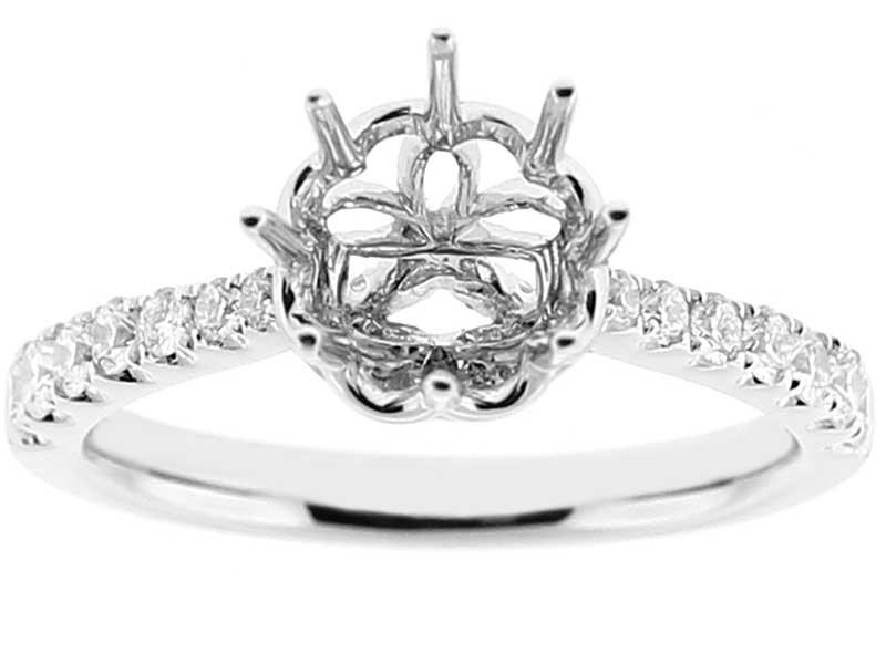 Semi Mount Engagement Ring with 8 Prong Leaf Design Basket and Diamonds Set in 18k White Gold