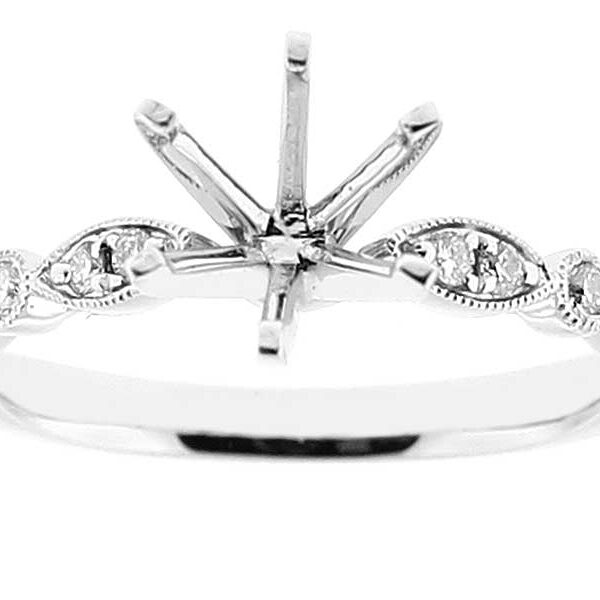 Semi Mount 6 Prong Engagement Ring with Preset and Bezel Set Diamonds Surrounded by Beaded Milgrain in 18k White Gold