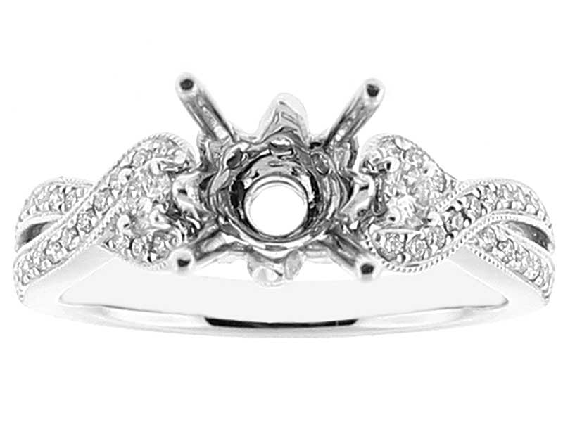 Semi Mount Engagement Ring with Leaf Design Bearing and Diamonds Surrounded by Beaded Milgrain in 18k White Gold