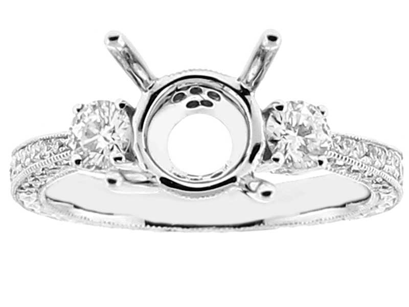 Three Stone Semi Mount Engraved Diamond Engagement Ring with Milgrain in 18k White Gold