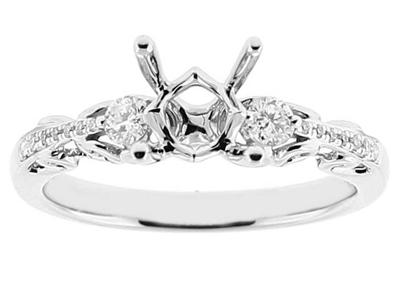 Three Stone Semi Mount Filigree Engagement Ring with Prong Set Diamonds in 18k White Gold