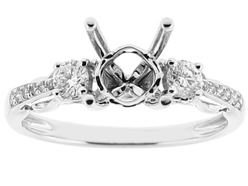 Three Stone Semi Mount Diamond Engagement Ring with Graduated Side Stones in 18k White Gold