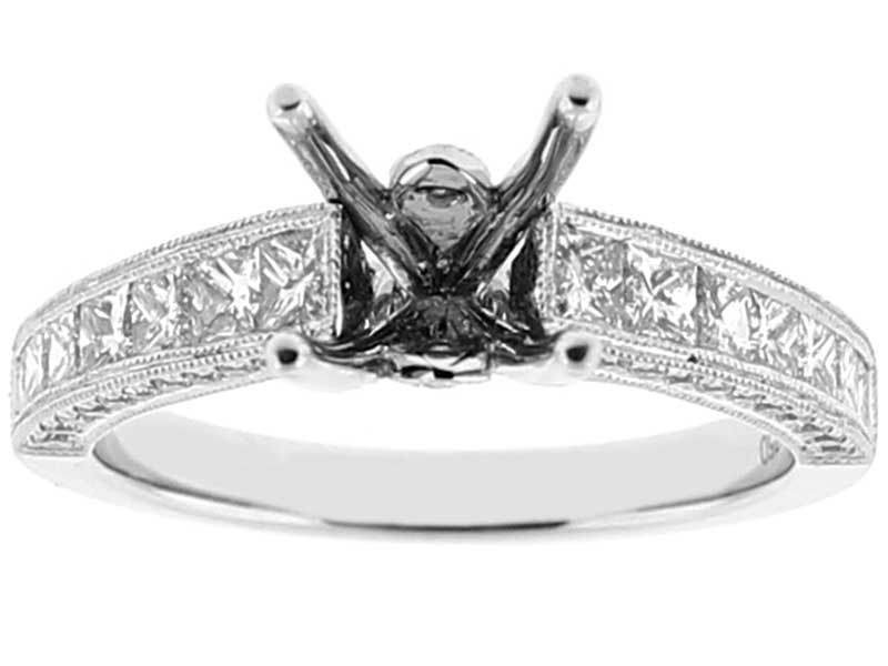Triple Side Semi Mount Milgrain Engraved Engagement Ring with Channel Set Princess Cut Diamonds in 18k White Gold
