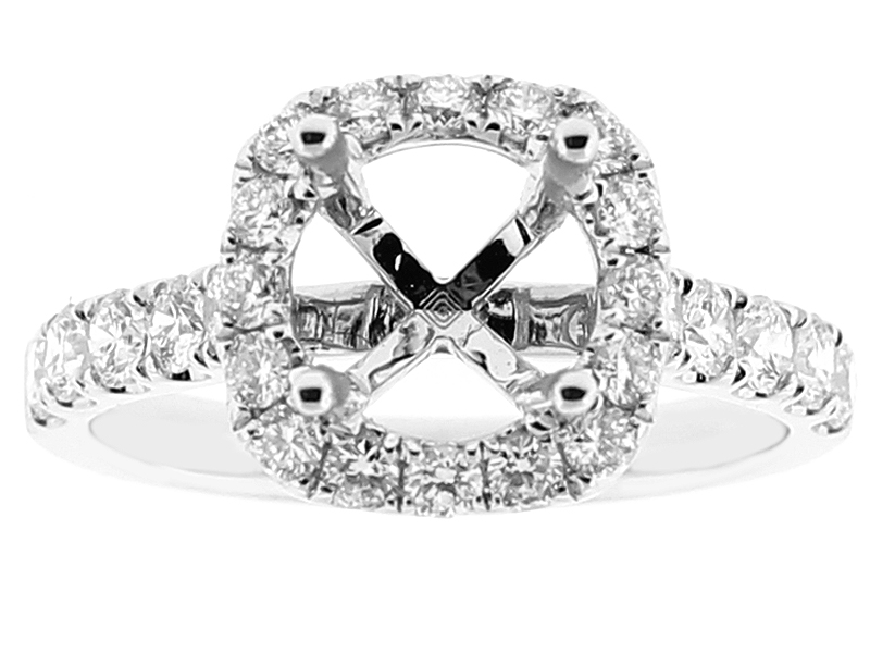 Semi Mount Diamond Halo Engagement Ring with Prong Set Side Stones in 18k White Gold