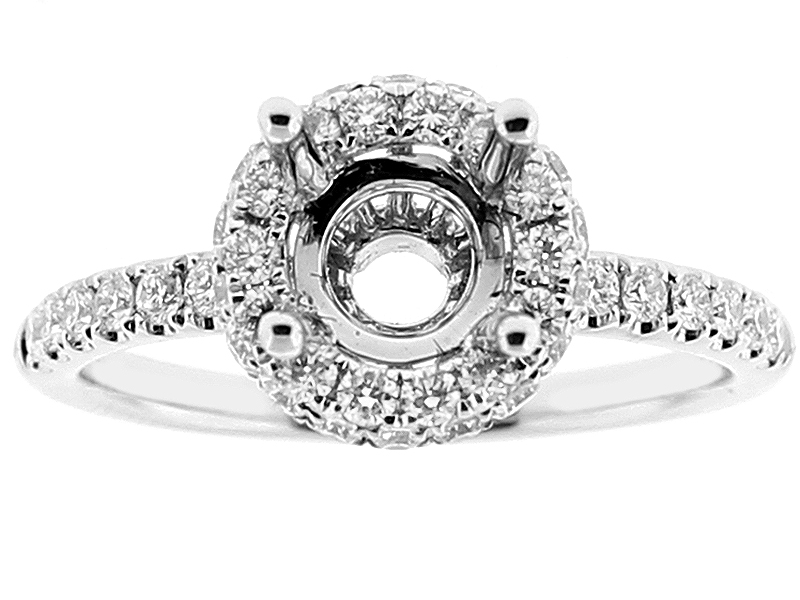 Semi Mount Round Halo Diamond Engagement Ring with Pavé Set Side Stones in 18k White Gold