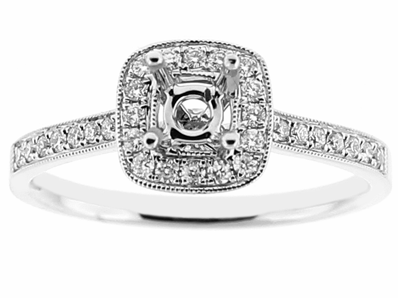 Semi Mount Square Halo Engagement Ring with Diamonds Bordered by Beaded Milgrain in 18k White Gold