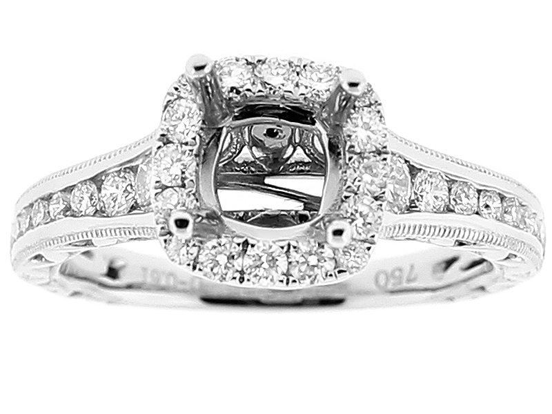 Curved Semi Mount Square Halo Diamond Engagement Ring with Filigree Milgrain and Graduated Channel Set Side Stones in 18k White Gold